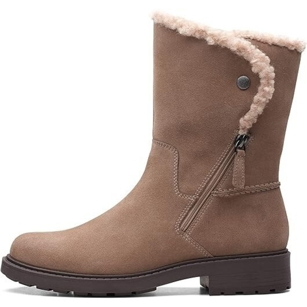 Clarks Women's 9.5 W Opal Zip Mid Calf Boot Pebble Suede Fur Lined NEW‎